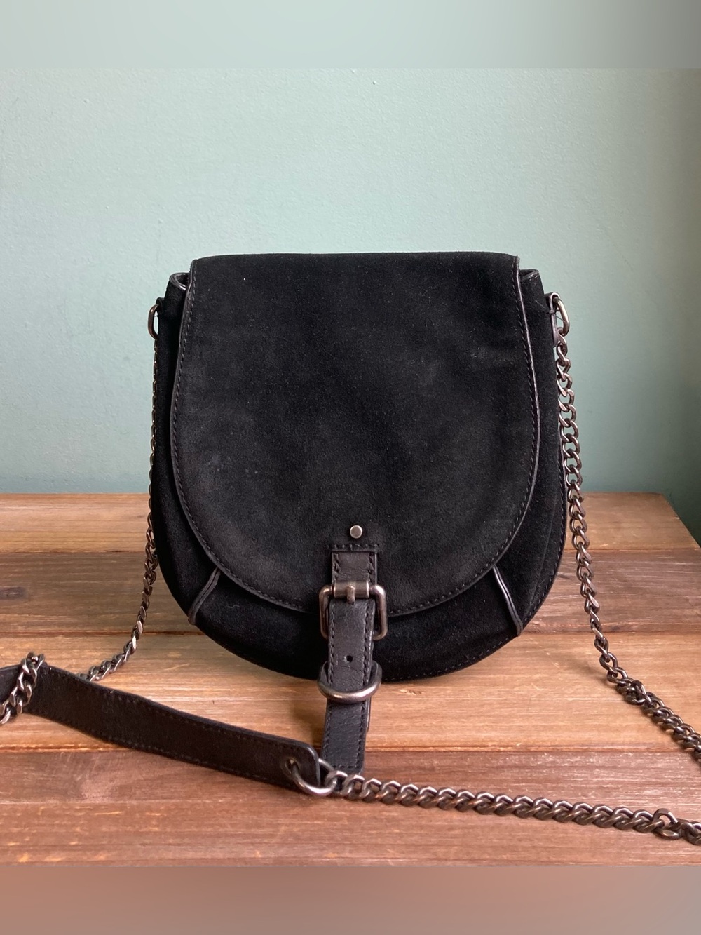 Lucky Brand Black Suede and Leather Crossbody Saddle Bag